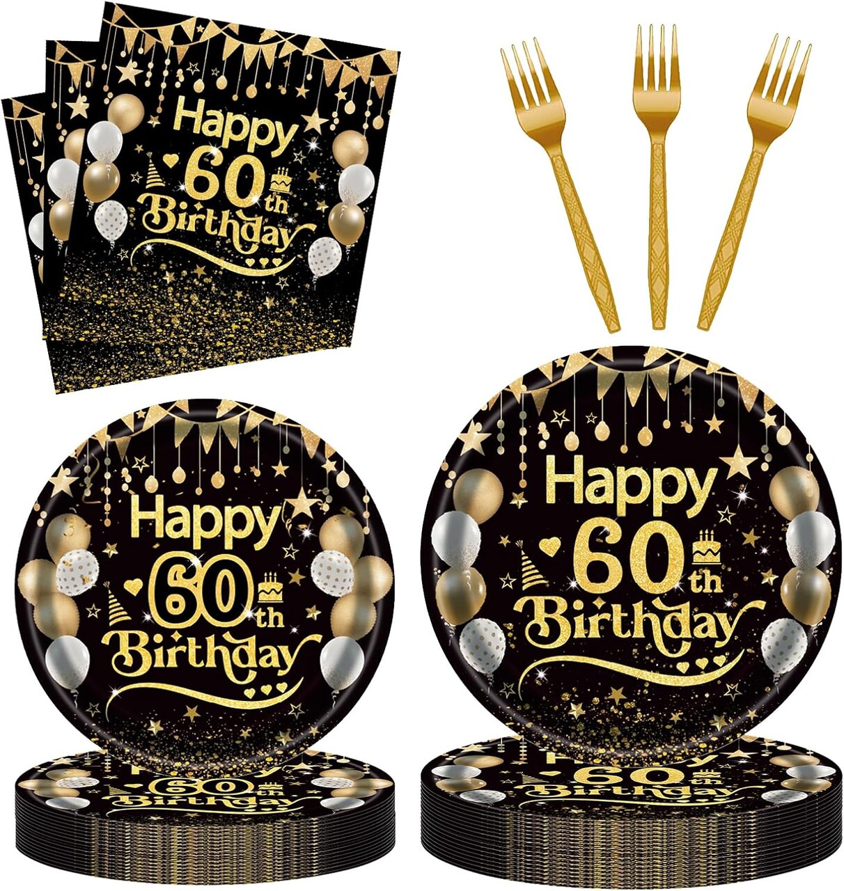 96Pcs 60th Happy Birthday Tableware Set Black Gold Disposable Paper Plates and Napkins with Forks Back in 1965 Birthday Party Decorations Supplies for Men Women, Serve 24